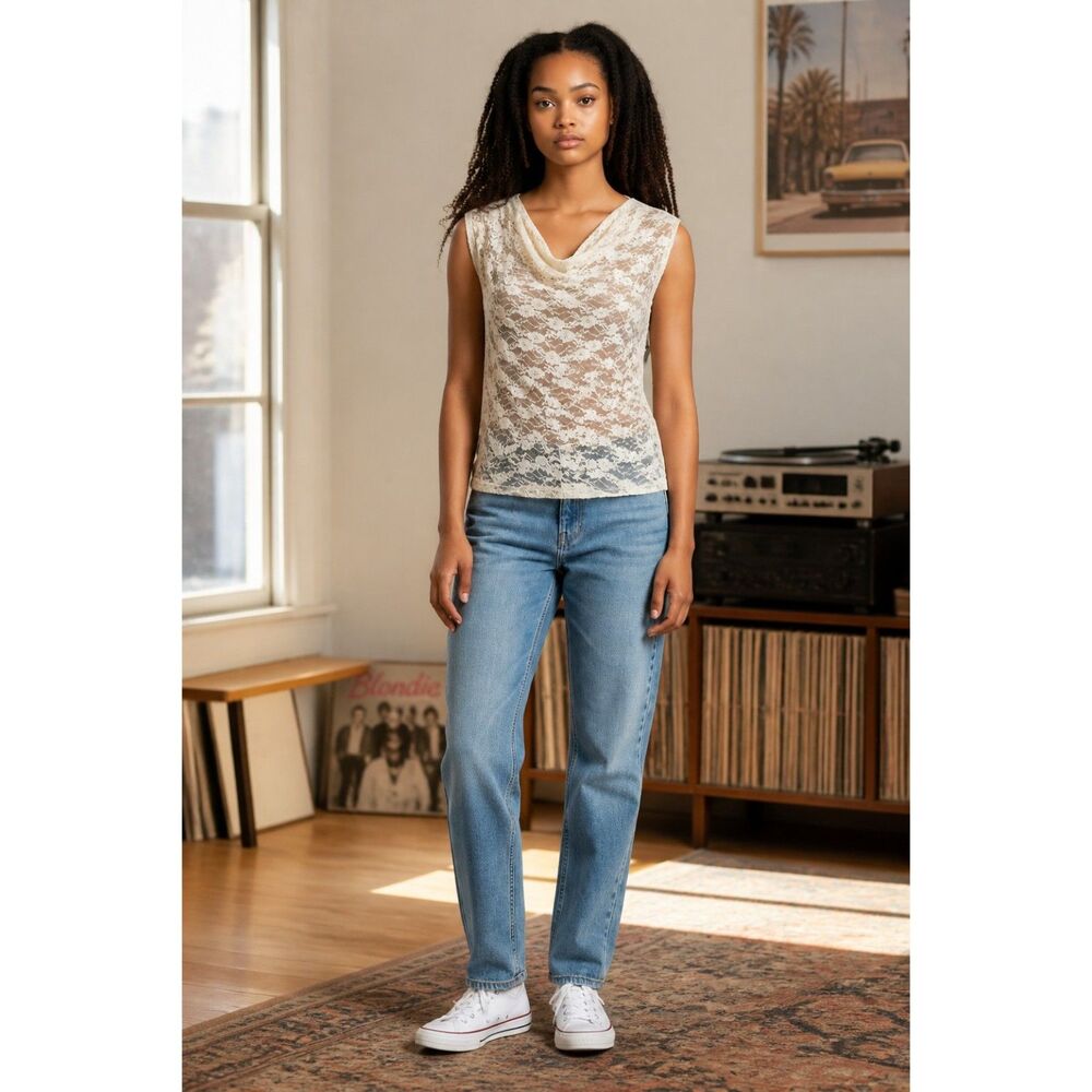 Hyfve sheer ivory floral lace cowl neck sleeveless blouse size Medium
